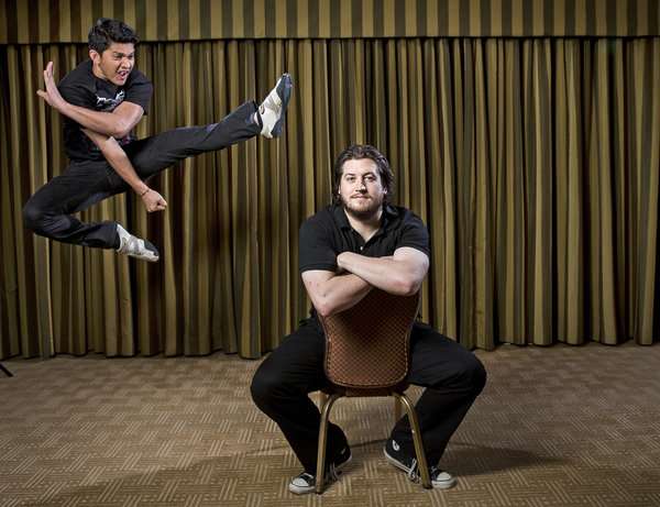 Director, Gareth Evans (seated), discovered his star, Iko Uwais (leaping) while working on a documentary--Uwais was a deliveryman before being discovered.